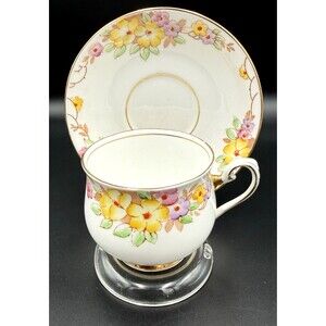 Vintage Bell England Tea Cup & Saucer. White w/ Pastel Colored Pansies, w/Stand